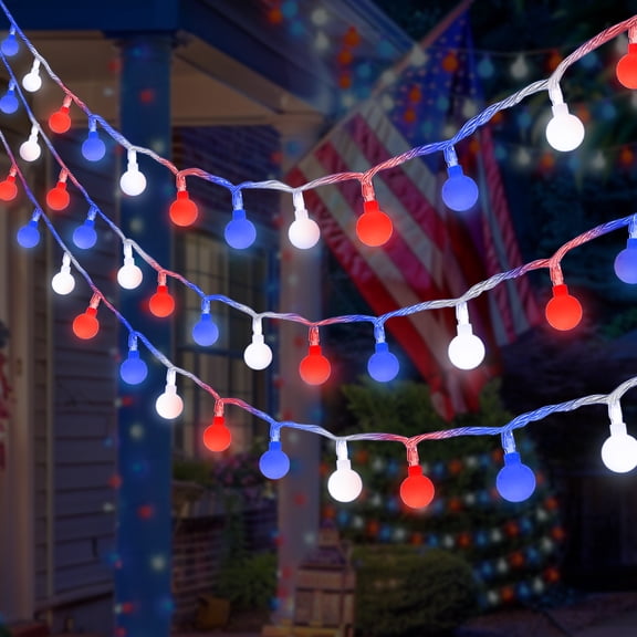 LAMPHOME 16FT 50LED Milky Globe String Lights, White/Red/Blue, Clear Wire, Waterproof 3AA Battery Box, 8 Modes with Remote, Christmas Decor