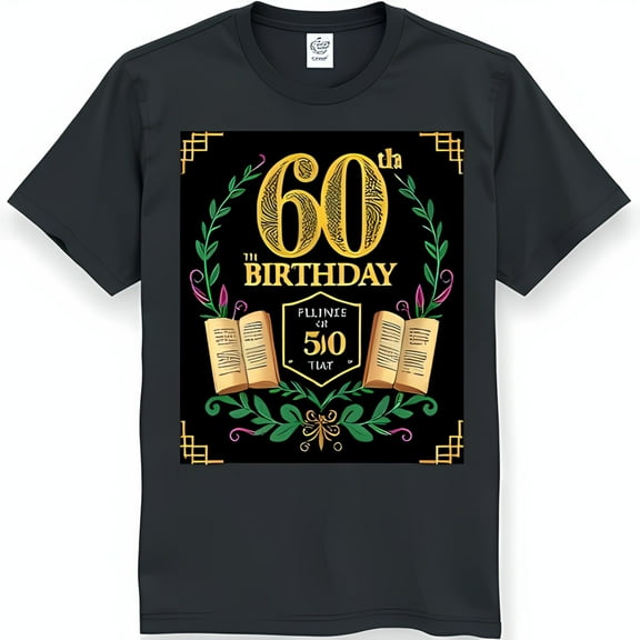 Festive 60th Birthday Black T-Shirt with Bold Gold '60' Design & Floral Accents