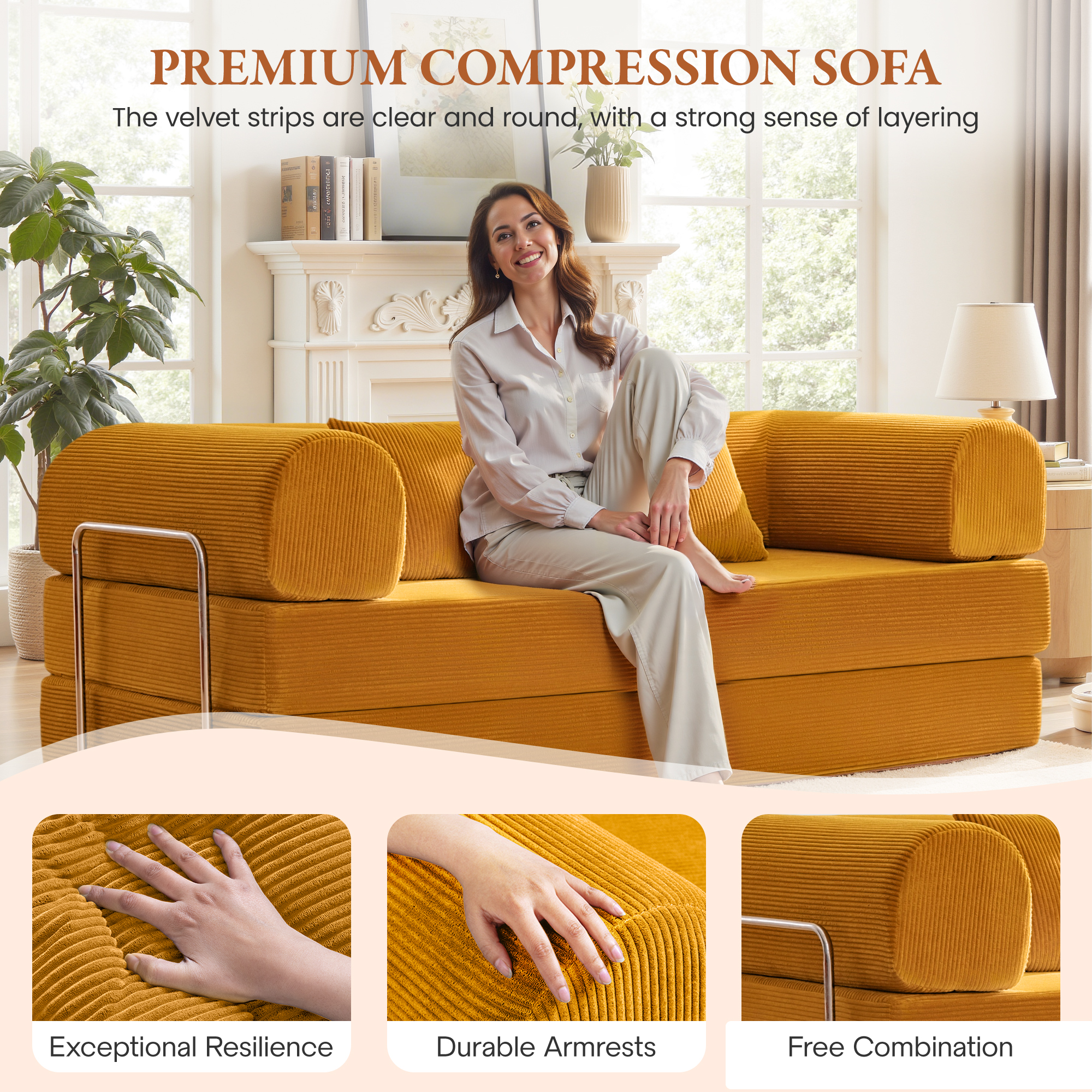 COOLHUT 78.7" W Combination Sofa, High Rebound Density Foam Sofa Couch, Two Forms Floor Couch Three Seats Sofa Bed for Living Room, Bedroom, Ginger