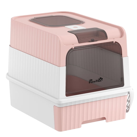 Cat Litter Box Hooded Cat Litter Tray with Drawer Pan Front Entry & Top Exit Easy Cleaning, Pink