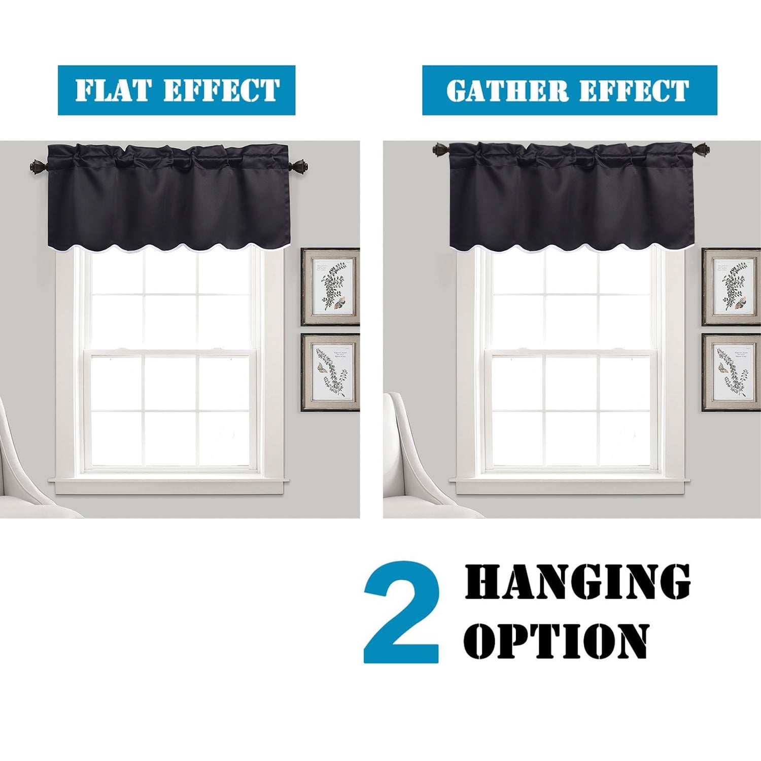 HIG 2 Panels Blackout Window Treatment Valances, 52"W x 18"L Color-Block Scalloped Valances, Decorative Rod Pocket Short Curtain Panel for Kitchen, Window, Bathroom, Black