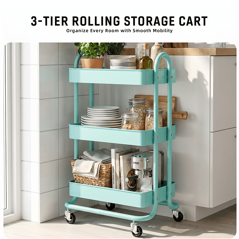Fenbeli 3-Tier Metal Rolling Utility Cart with Wheels, blue, 18"L x 13.4"W x 31"H