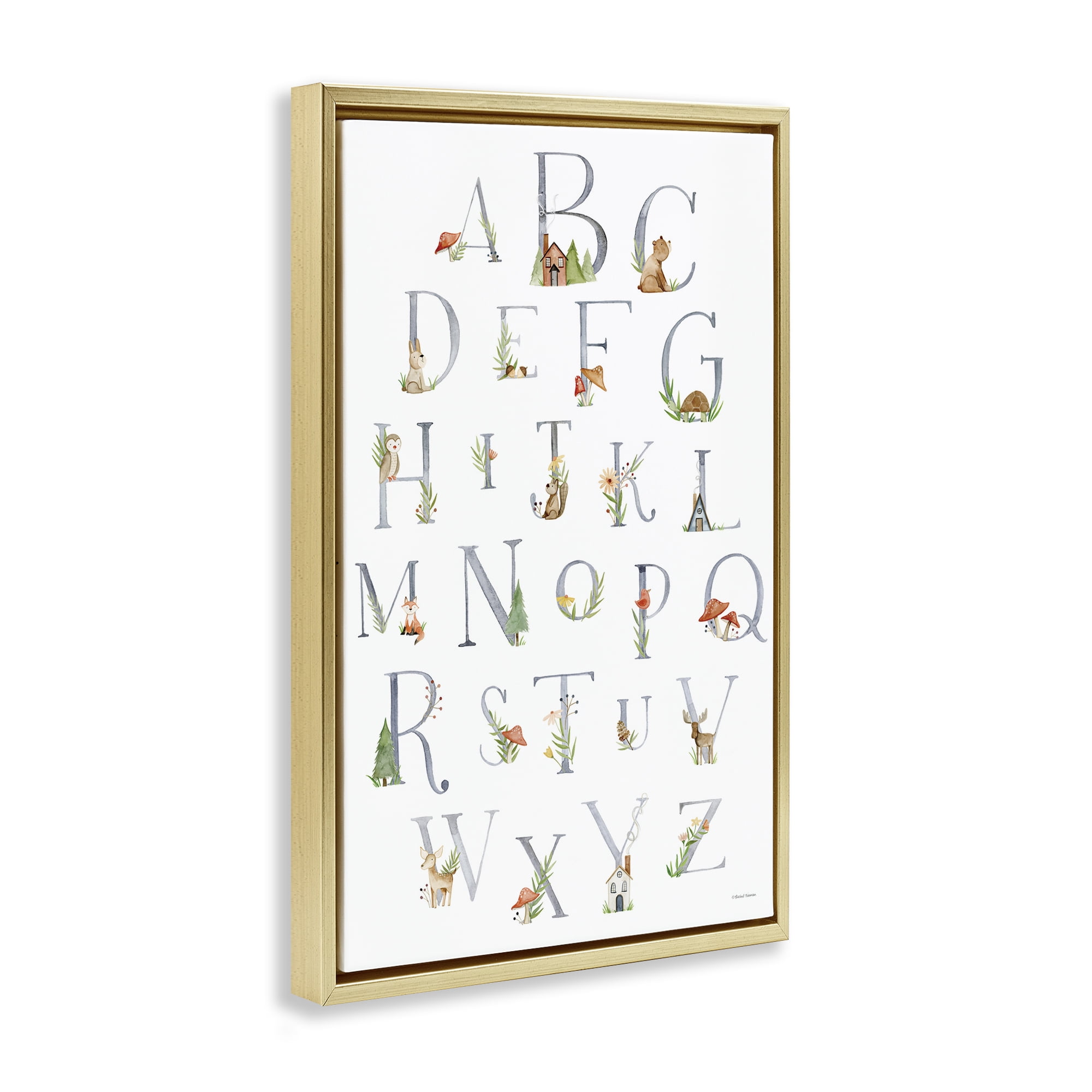 Stupell Industries Soft Cottage Alphabet Town & City Painting Gold Floater Framed Art Print Wall Art, 17 x 25