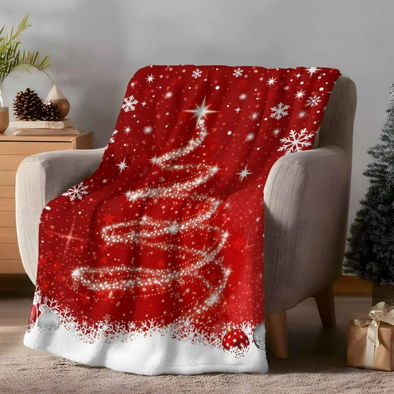 Throw Blanket Fleece Throw Blanket 40x50in, Merry Christmas Tree Snowflakes Red Soft Lightweight Bed Blankets Xmas Trees Bell Fuzzy Couch Blankets for All Season