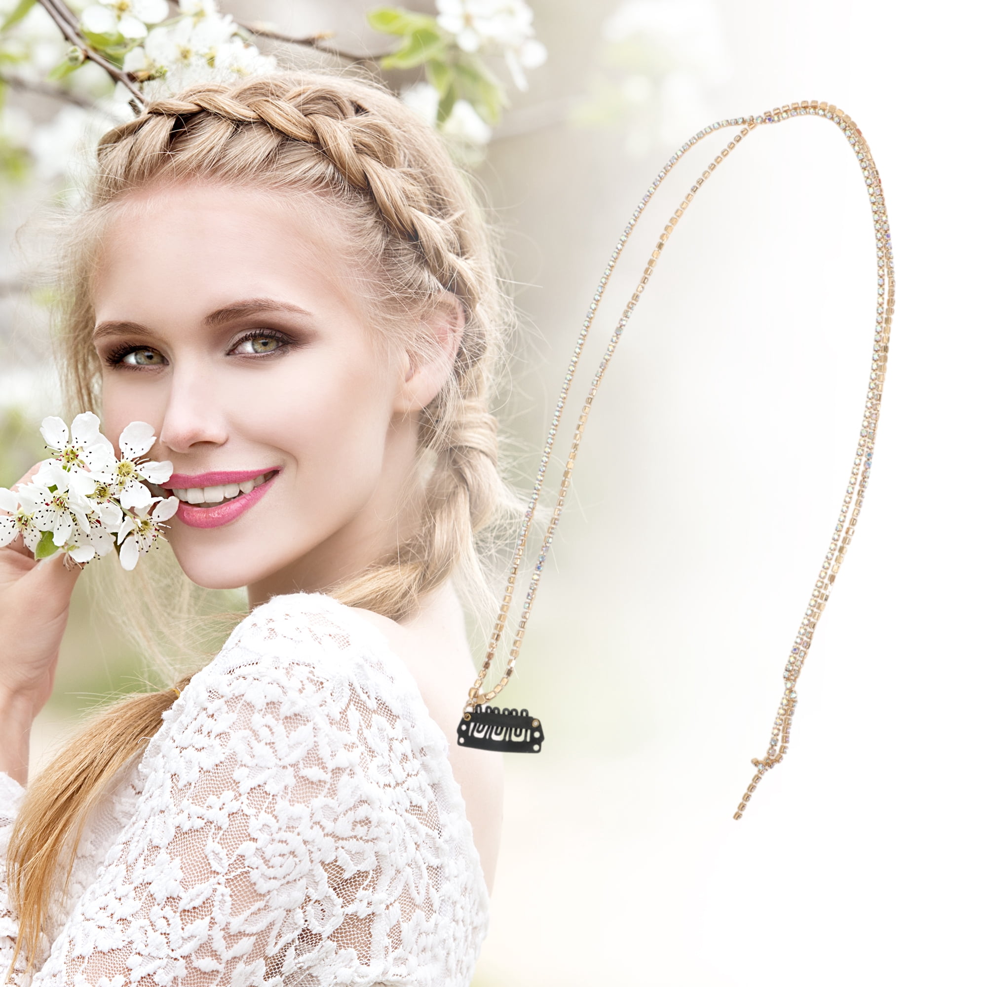 Unique Bargains Colorful Rhinestone Braided Hair Chain 1 Pc Shiny Gold Tone
