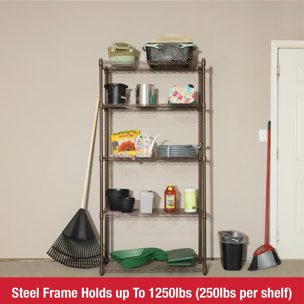 Rubbermaid 5-Tier Heavy Duty Rubbed Bronze Wire Shelving Unit, 1250lb Capacity