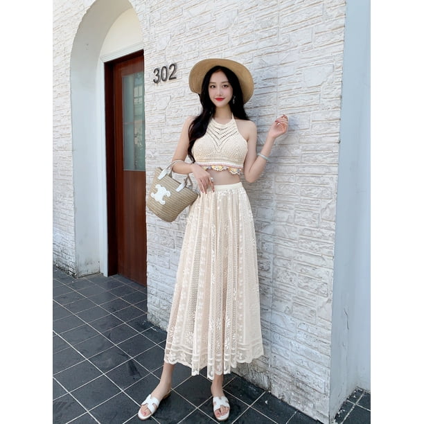 JUNWELL Halter Crochet Knit Top Embroidery Floral Sleeveless Open