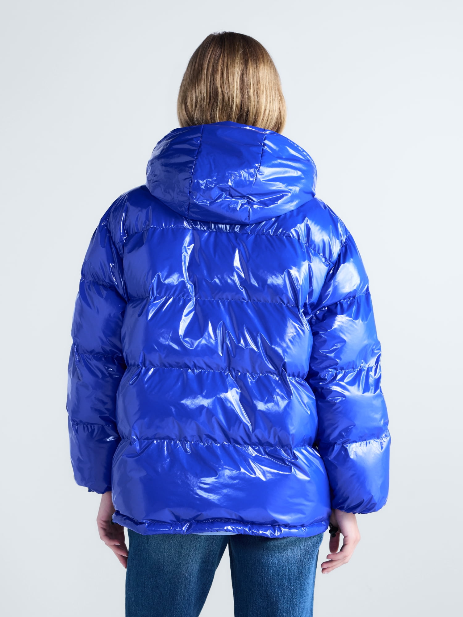 Free Assembly Women's High Gloss Puffer Parka Jacket with Hood, Sizes XXS-XXL