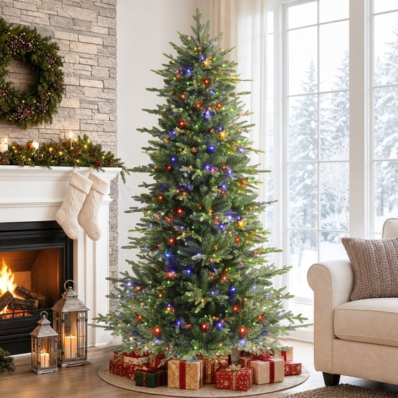 Lolsea 7ft Prelit Aspen Noble Fir Artificial Christmas Tree with Remote Control, Timer and Warm White & Multicolor LED Lights