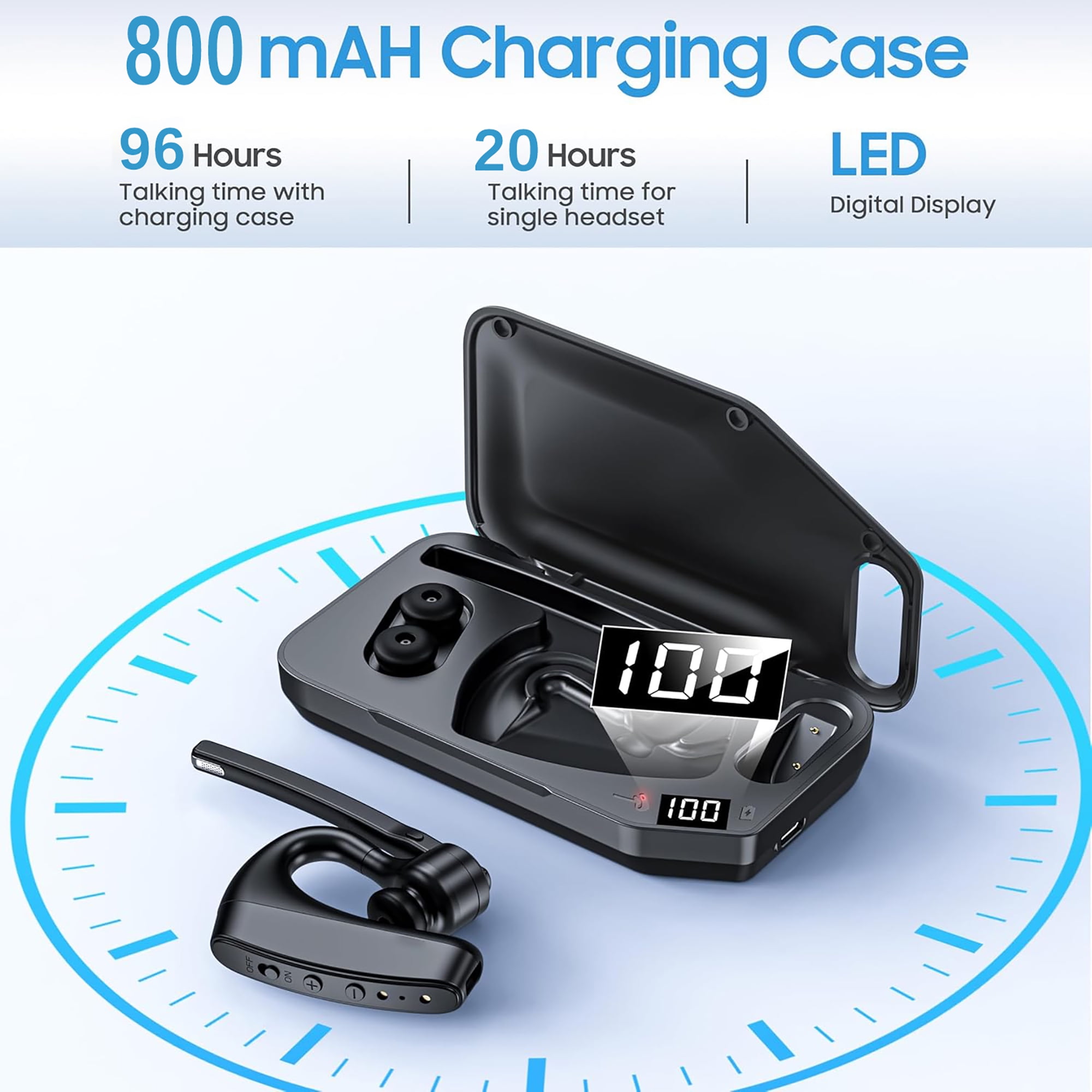 aomogo Bluetooth Headset V5.2 Wireless Bluetooth Earpiece with 800mAH Charging Case 96 Hrs Talktime Wireless Headset with CVC8.0 Dual Mic Noise Canceling for iPhone Cellphone Trucker Work
