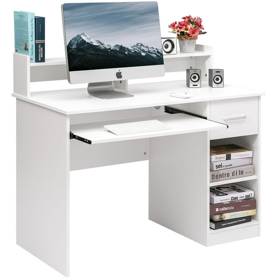 AetherLove Home Office Computer Desk, Sturdy Writing Table w/ 2 Storage Shelves, Home Workstation with Pull-Out Keyboard Tray and Drawers for Living Room,