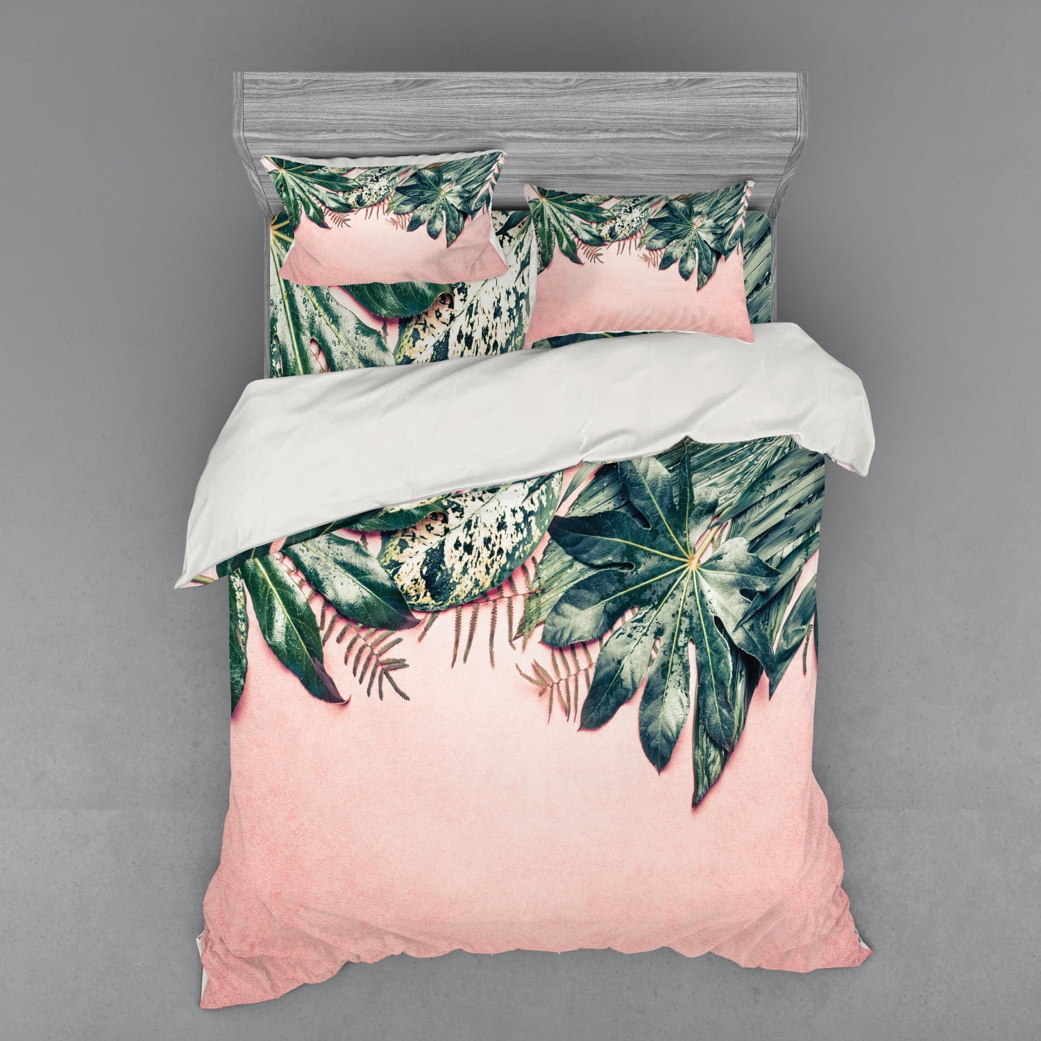 Leaves Duvet Cover Set, Top View Photo of Various Exotic Jungle Leaves