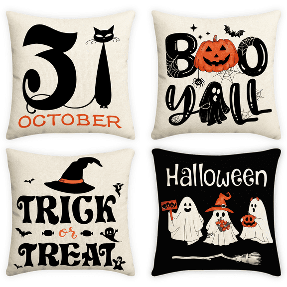 Halloween Pillow Covers 18x18 Inch Set of 4, Ghost Pumpkin Black Cat Decorative Cushion Cases, Holiday Farmhouse Throw Pillowcases for Home Sofa Couch Decor