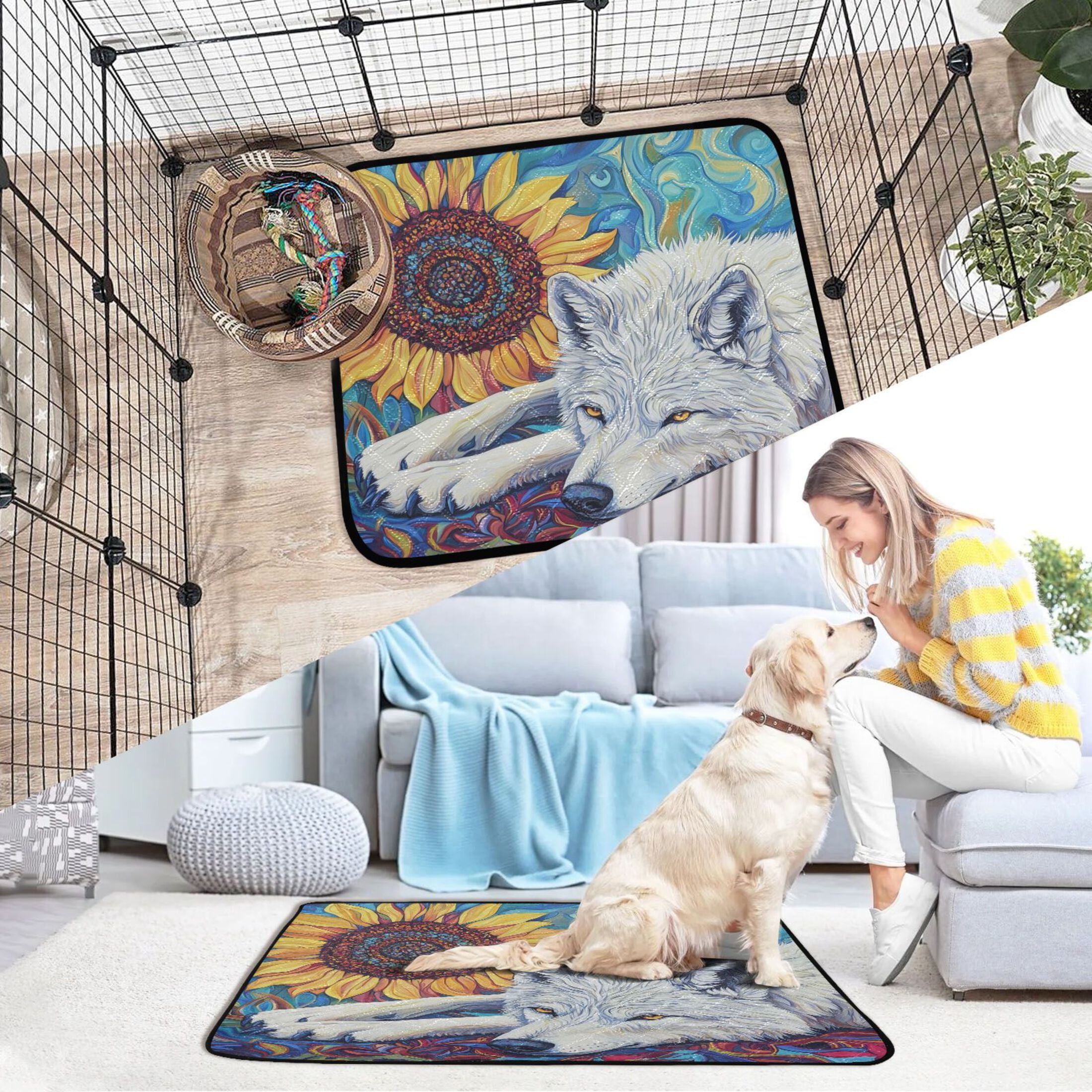 Qxltty White Wolf with Sunflower Cat litter Pads Pet Set of 3 Diaper Mats Center Anti-leakage Layer Absorbent Soft and Comfortable