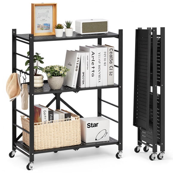 VEVOR 3-Tier Foldable Storage Shelf, 28W x 13D x 36H Inch Folding Metal Rack Shelving Unit, No Assembly Organizer Shelf with 5 Wheels & 4 Hooks for Pantry, Kitchen, Garage, Basement, Black