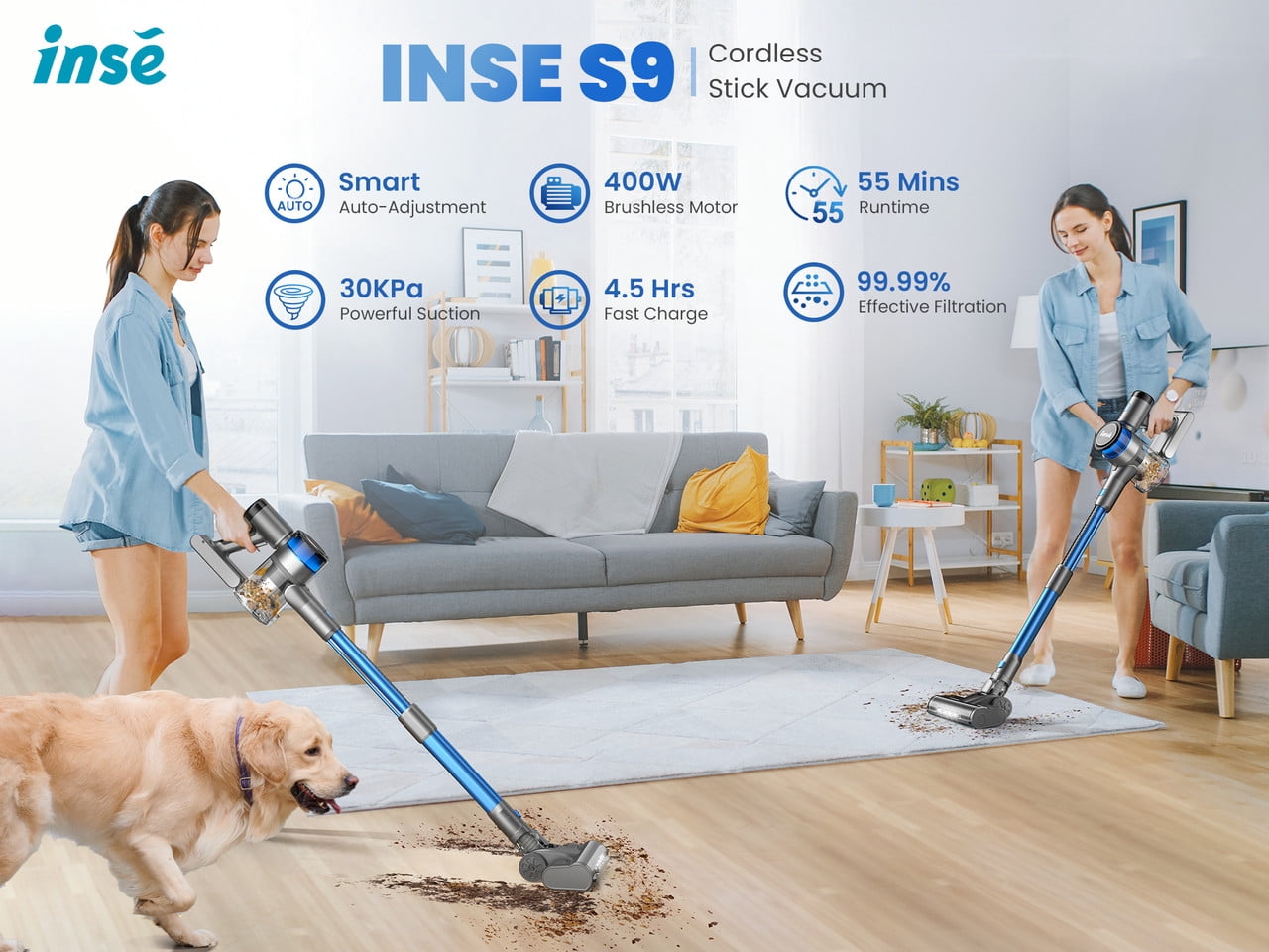 Homadio Cordless Vacuum Cleaner, 400W/30Kpa Vacuum Cleaners for Home, 55Mins Stick Vacuum with LED Display, Wall Mount Charging, 8 in 1 Lightweight Vacuum for Hard Floors Carpet Pet Hair