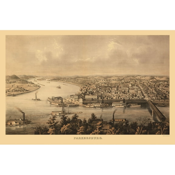 Historic Panoramic View - Parkersburg West Virginia - Hoen 1861 - 23 x 35.13 - Vintage Wall Art