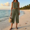 thumbnail image 5 of Women's 2-Piece Linen-Look Lounge Set, Sleeveless Crop Top with High Waist Drawstring Capri Pants, Summer Casual Beach Vacation Outfit Army Green L, 5 of 7