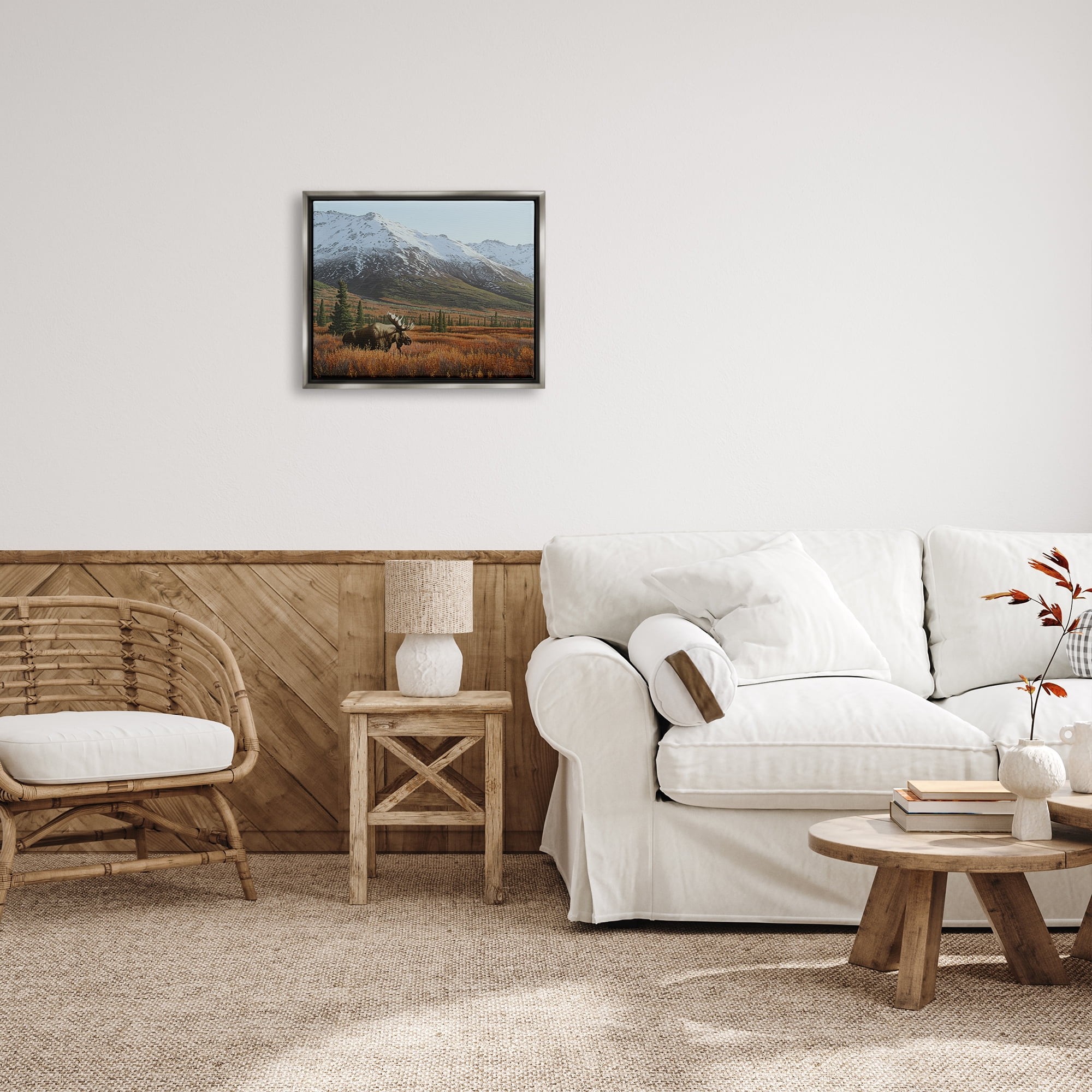 Stupell Industries Moose Rural Mountain Landscape Nature Painting Gray Floater Framed Art Print Wall Art, 21 x 17