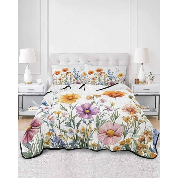 Quilts Twin XL Size, Spring Floral Soft Comforter Bedding Set for Bed, Yellow Pink Flowers Pastoral Lightweight Quilted Bedspread with Pillow Cover(2 Pieces) for All Season, 68x98 Inch