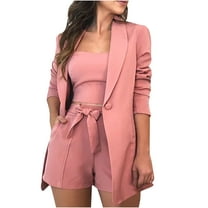 under $5 Omexry Shorts for Women $5 Women Sets Solid Three-piece Women's Suit with Vest   Suit Jacket   Shorts Pink S