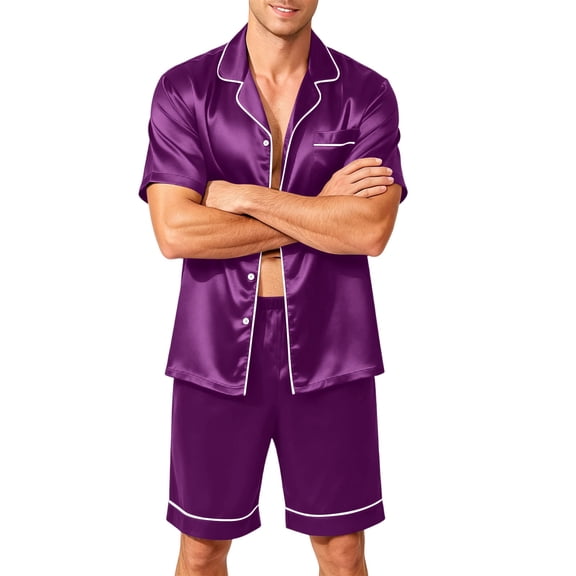 Resicozy Pajamas Set for Men Silk Satin Sleepwear Short Sleeve Button Down Pjs Set 2 Piece Loungewear with Pockets Purple 4XL