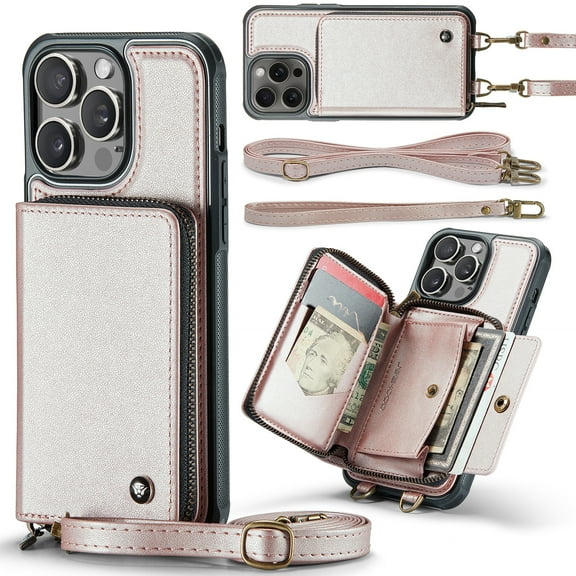 Crossbody lanyard zipper wallet leather phone case for iPhone 16 pro max 15 plus 14 13 12 11 wrist strap cards Solt bracket cover