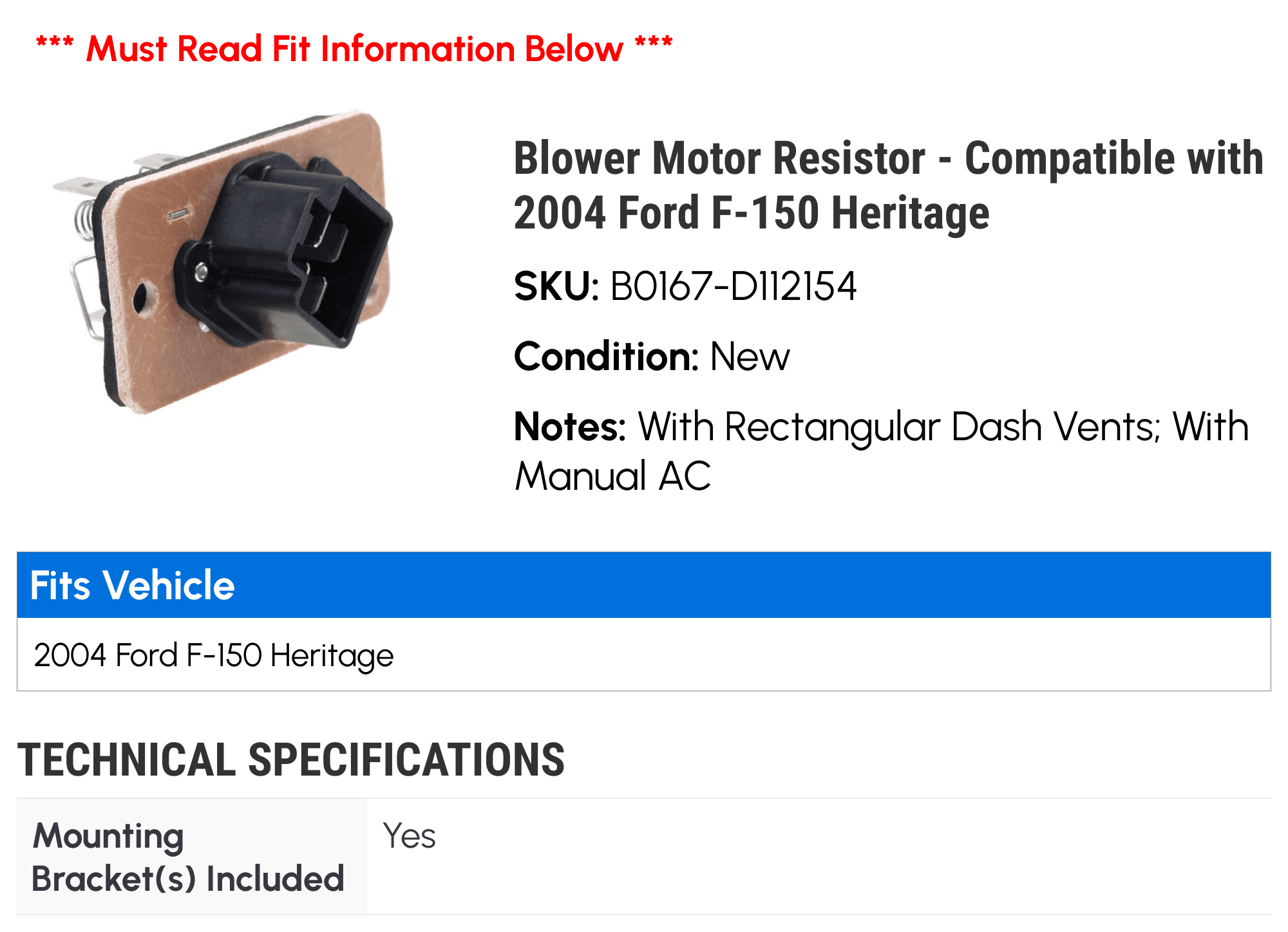 Blower Motor Resistor - Compatible with 2004 Ford F-150 Heritage