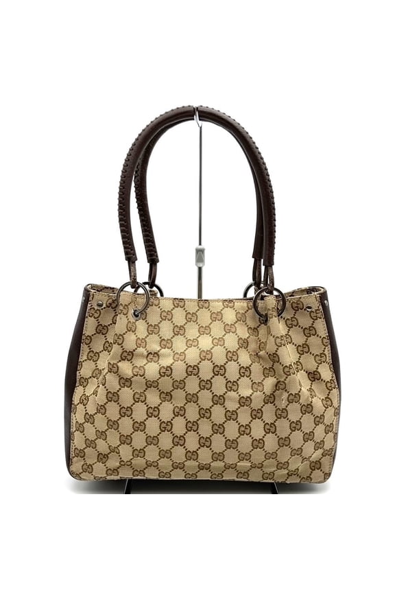 Pre-Owned GUCCI 115007 Tote Bag Handbag GG Canvas Leather Brown Women's