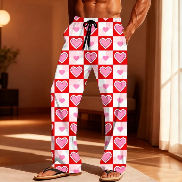 TaTaai Casual Vintage Men's Plaid Print Loose Pajama Pants, Valentine's Day Leisure Sports Elastic Trousers With Pockets Gift