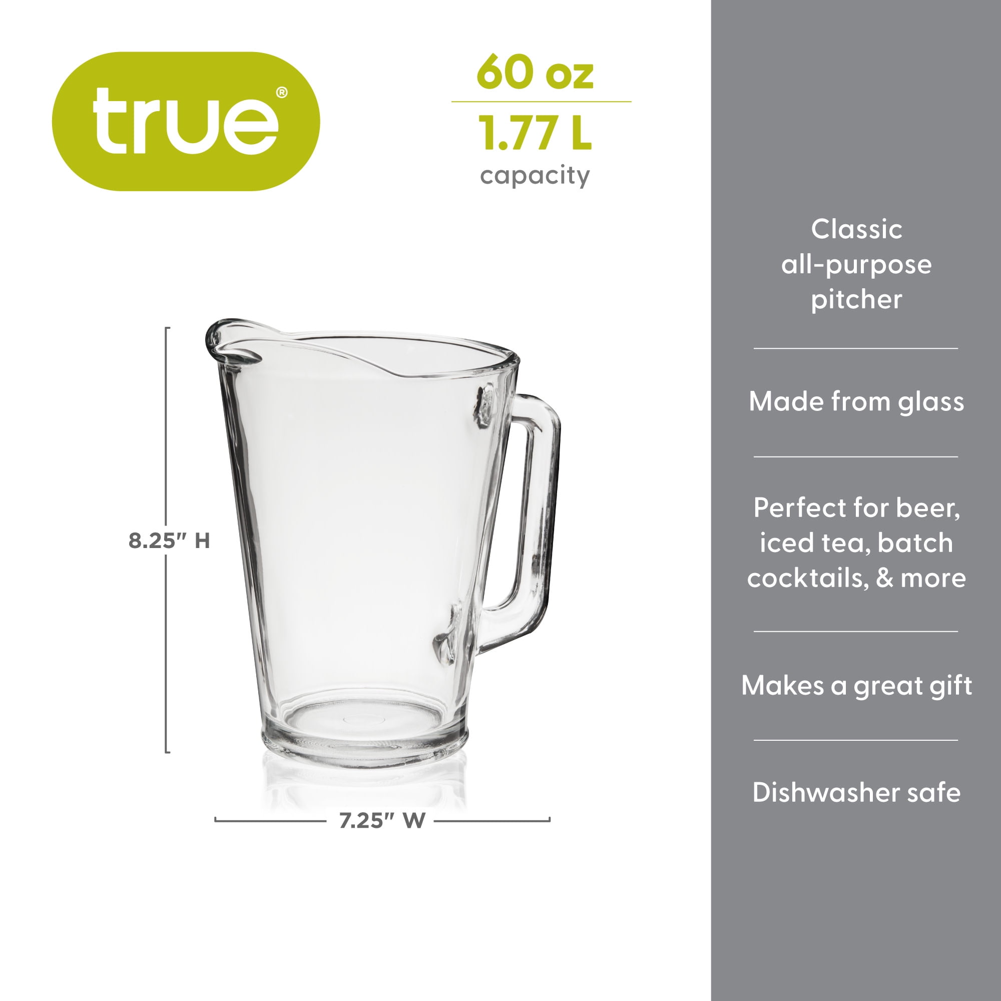 True Large Glass Pitcher for Cocktails, Beer, Iced Tea, Water, Juice, 60oz