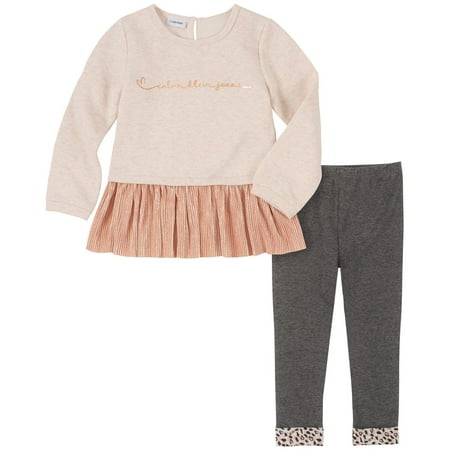 Calvin Klein OATMEAL/GREY HEATHER Baby Girl's 2 Piece Leggings Set, US 18 Months
