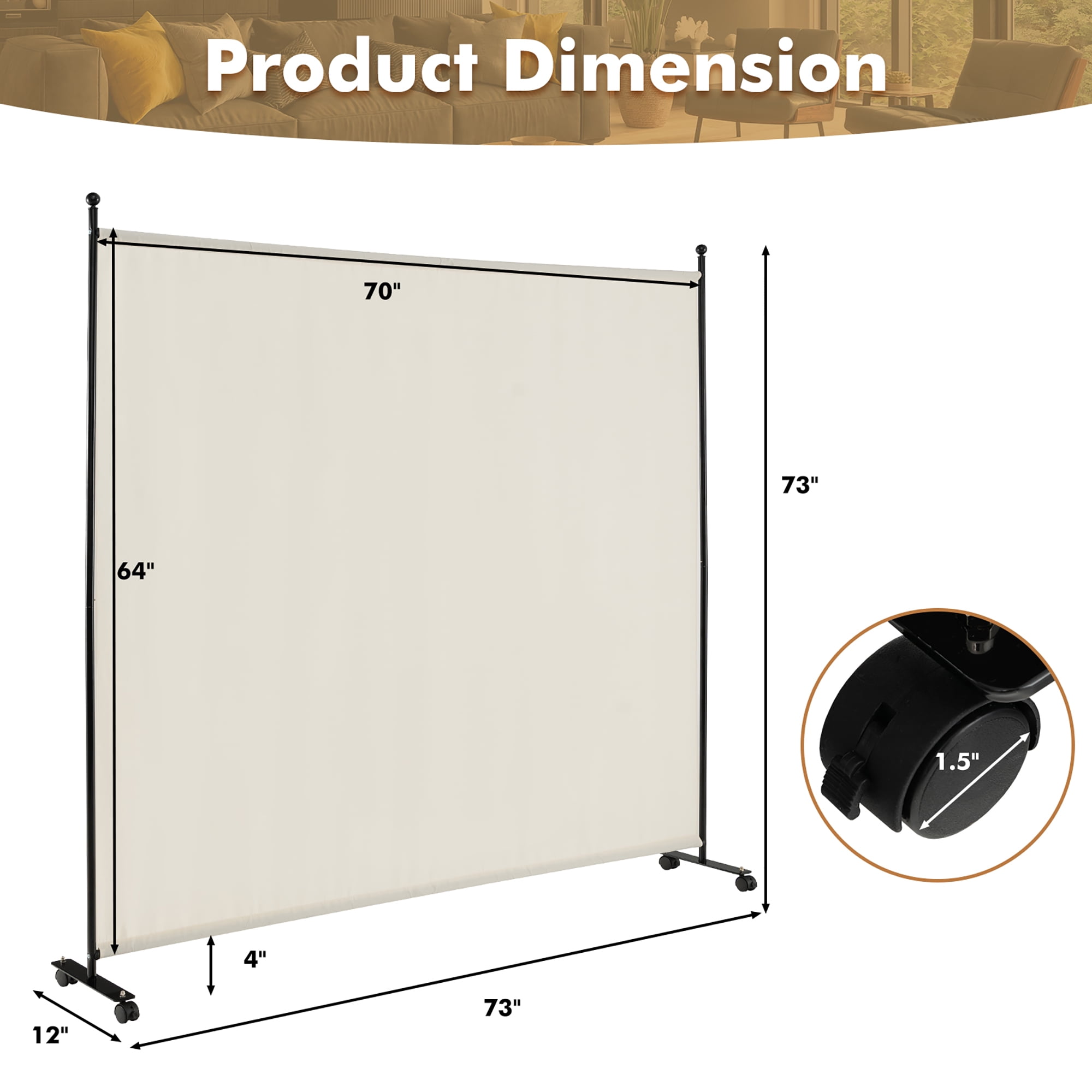 Costway 6FT Single Panel Room Divider with Wheels Rolling Fabric Partition Privacy Screen White