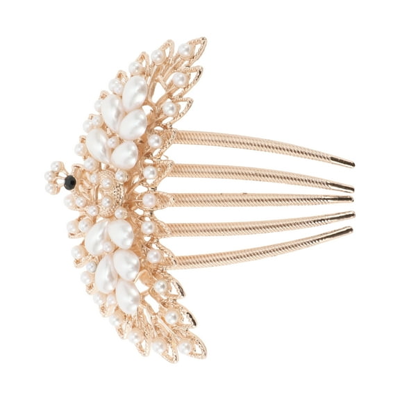 1 Pc Women Peacock Style Hair Insert Comb for Thick Wavy Hair Gold Tone White Alloy Faux Pearl