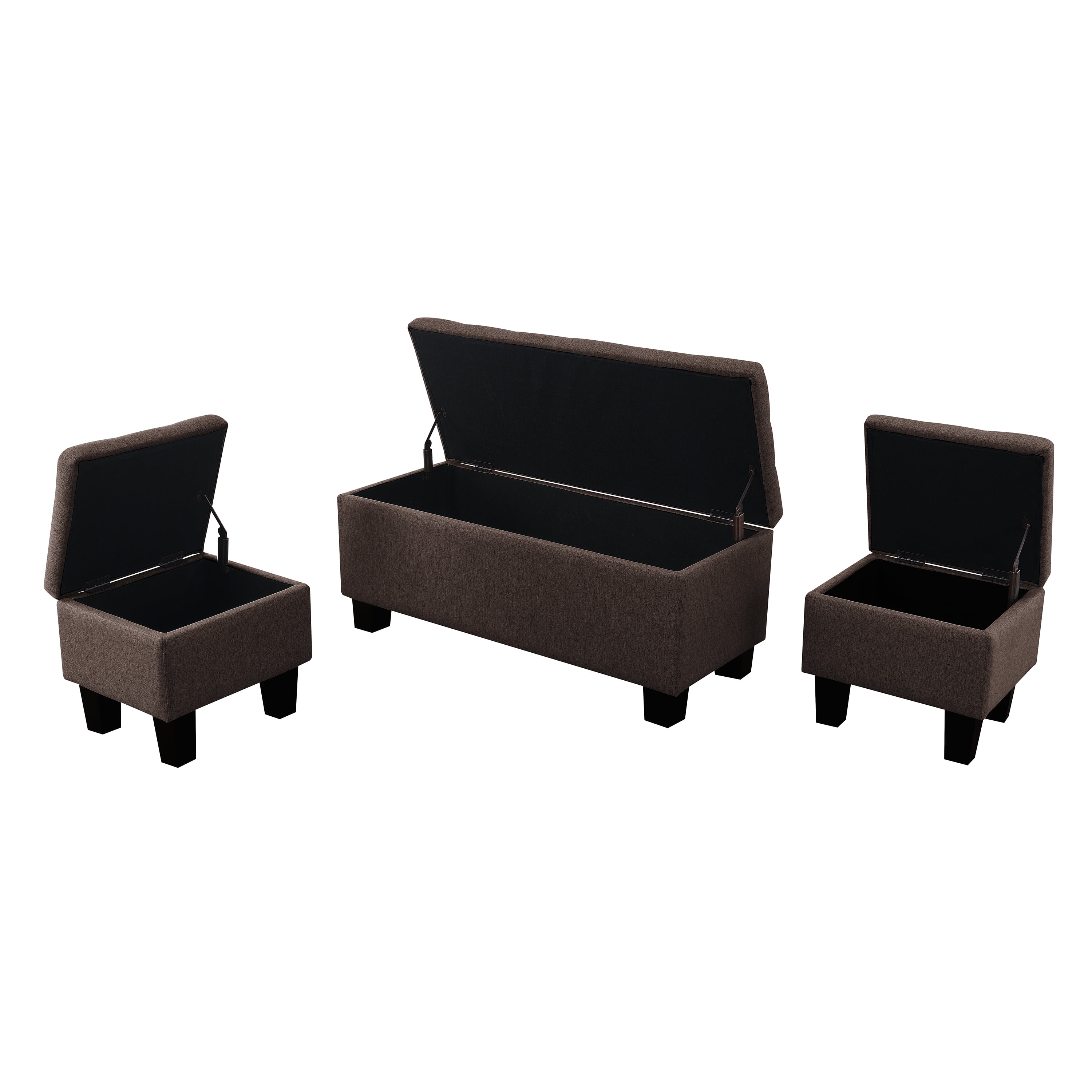 AC Pacific Tufted Upholstery Storage Bench with Matching Ottomans, Brown, 3pcs