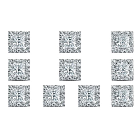 Paris Jewelry 18k White Gold 4mm 4Ct Princess White Sapphire 5 Pair Halo Stud Earrings Plated