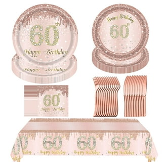 HOMIX 60 and Fabulous Party Plates Napkins Cups Sets Rose Gold with Plastic  Cutlery Sets Serves 24 for Women 60th Birthday Party Supplies and