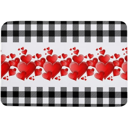 

Valentine s Day Memory Foam Doormat Anti-Skid Absorbent Indoor Door Mat Soft Floor Mat for Entryway Patio Kitchen High Traffic Areas Decor Red Hearts and Black White Plaid Stripes 20x32 Inch