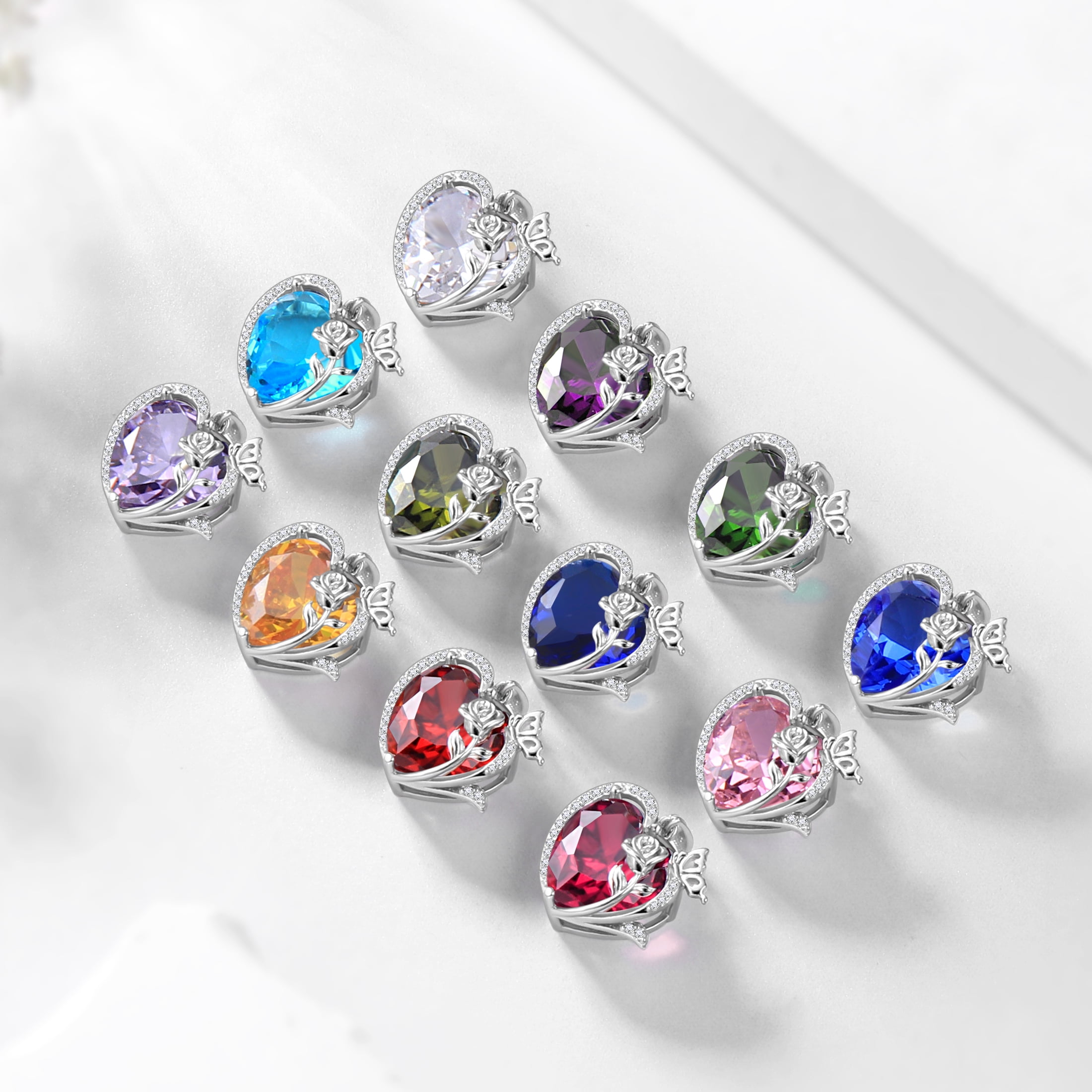 Juwaliy Women Heart Necklace Butterfly Rose Flower Pendant October Birthstone Tourmaline Pink Jewelry 925 Sterling Silver Mother Wife Girlfriend Valentines Gift