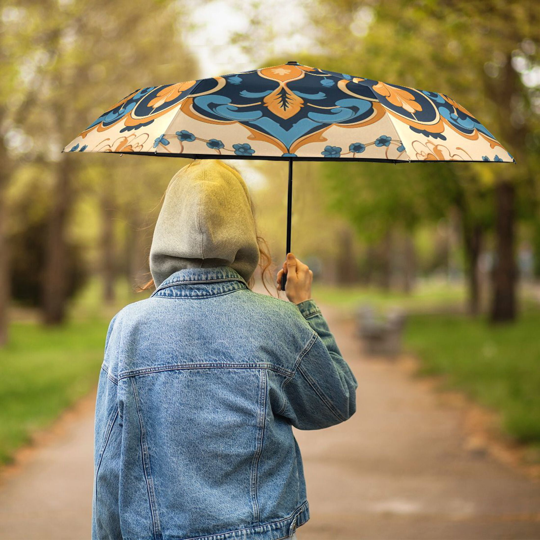 Blue Yellow Mandala Compact Sun Umbrella Windproof Travel Umbrellas for Rain Strong Portable UV Protection