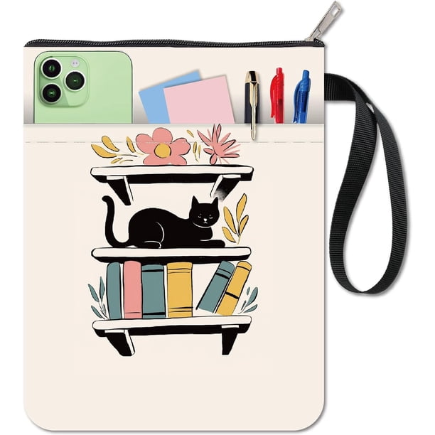 Funda para libro de gato, funda para estantería de libros de bolsillo, funda protectora de tela lavable con diseño de flores, con cremallera y bolsillo adicional.