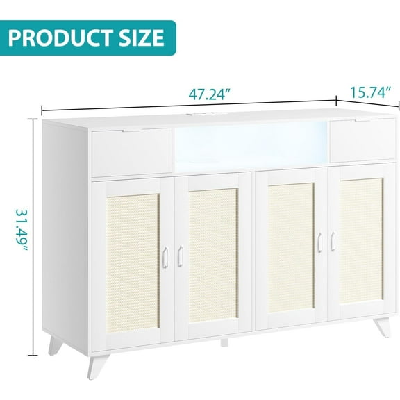 Your Source for Quality Elegant Rattan Sideboard Buffet Cabinet – 2 Drawer Kitchen Console with Power Outlets & LED Light, Multifunctional Storage for Living Room, Kitchen, Hallway – White