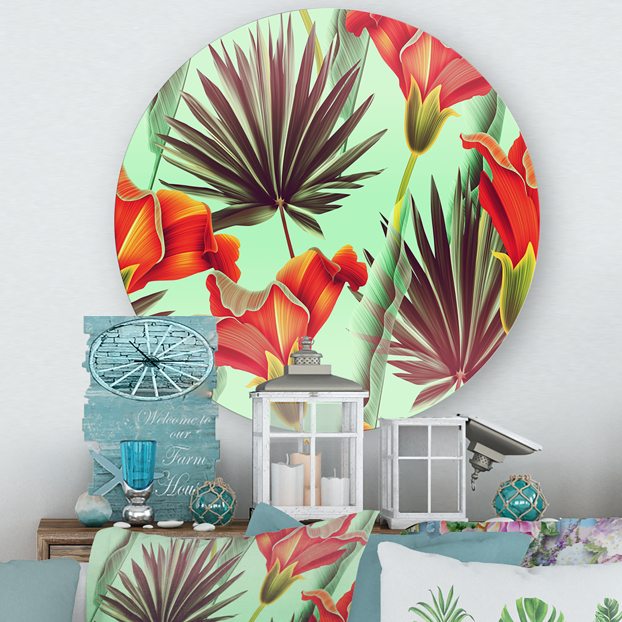 Designart 'VIntage Tropical Flowers VII' Traditional Circle Metal Wall Art 11x11 - Disc of 11