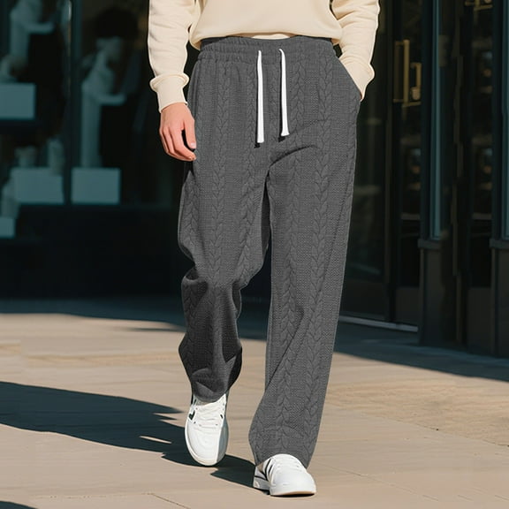 Yaoyar Men's Knit Jacquard Casual Pants Solid Color with Drawstring Elastic Waist and Pockets Textured Design Comfortable Wear Long Trousers,L,Dark Gray