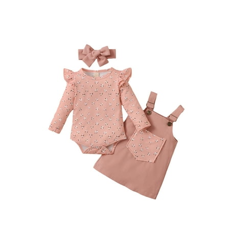 

Yinyinxull Newborn Baby Girl Fall Clothes Ruffle Long Sleeve Ribbed Romper Pocket Suspender Skirts Infant Overalls Dress Pink 0-3 Months