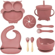Silicone Baby Feeding Set 9Pcs, Baby Led Weaning Supplies, Owl Baby Plates and Baby Bowls with Suction, Toddler Self Feeding Dish Set with Spoons Forks Straw Cup Adjustable Bib, Baby Eating Utensils