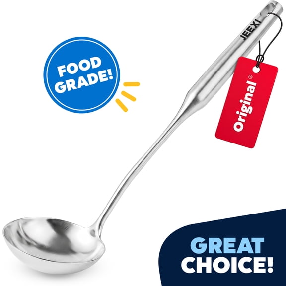 JEEXI Soup Ladle, 13.8 Inch 304 Stainless Steel Ladle with Large 3.9 Inch Bowl, Long Hollow Handle and Hanging Hole, Dishwasher Safe Serving Spoon for Soup, Stew, Chili, Sauce and Gravy