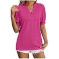 thumbnail image 2 of POTETI Summer Tops for Women Hot Pink V-Neck Lace Short Sleeve Casual Solid Color T-shirt Tops, 2 of 3