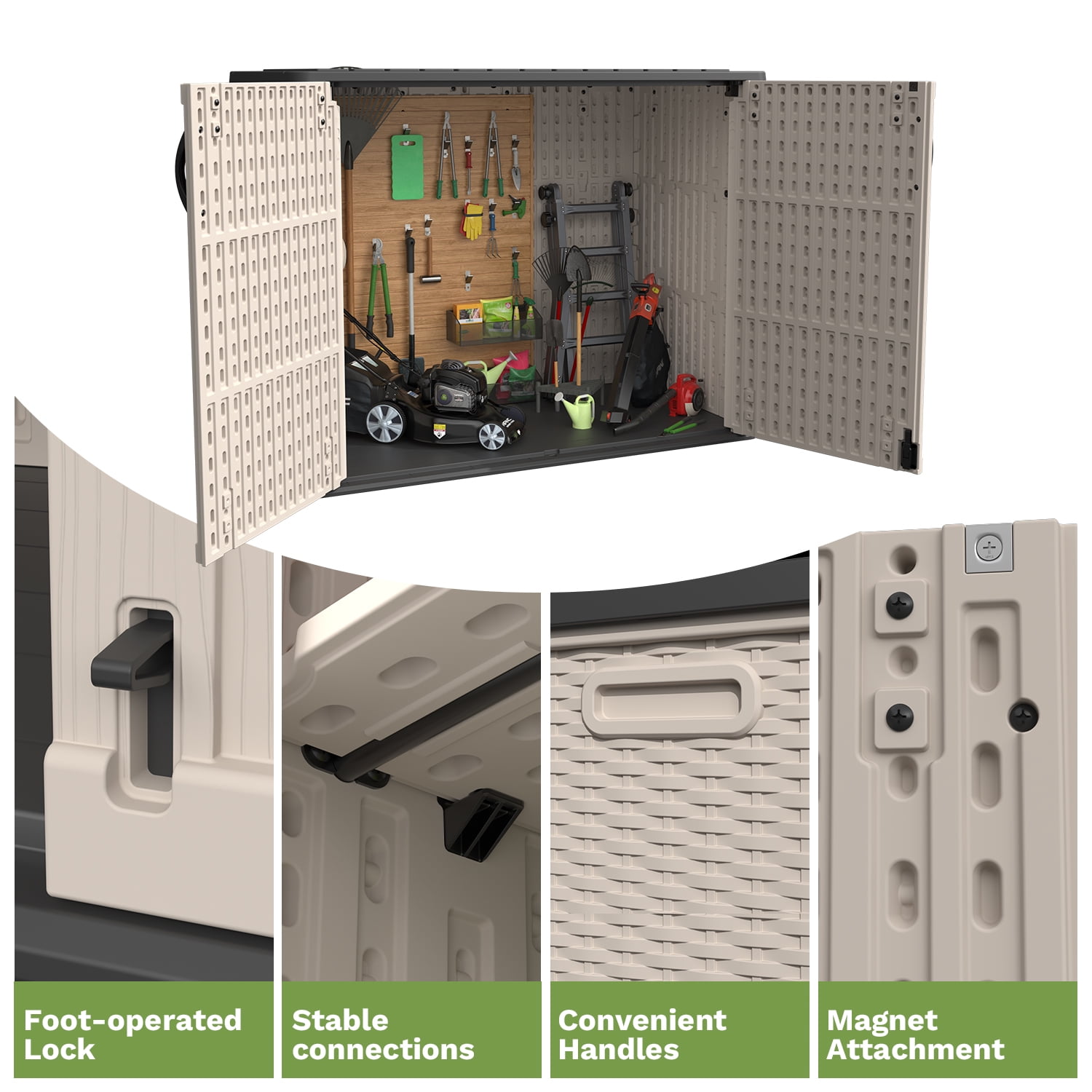 Patiowell 26 Cu.FT Outdoor Storage Shed with Floor, Lockable & Waterproof Horizontal Resin Cabinet for Patio Tools, Beige