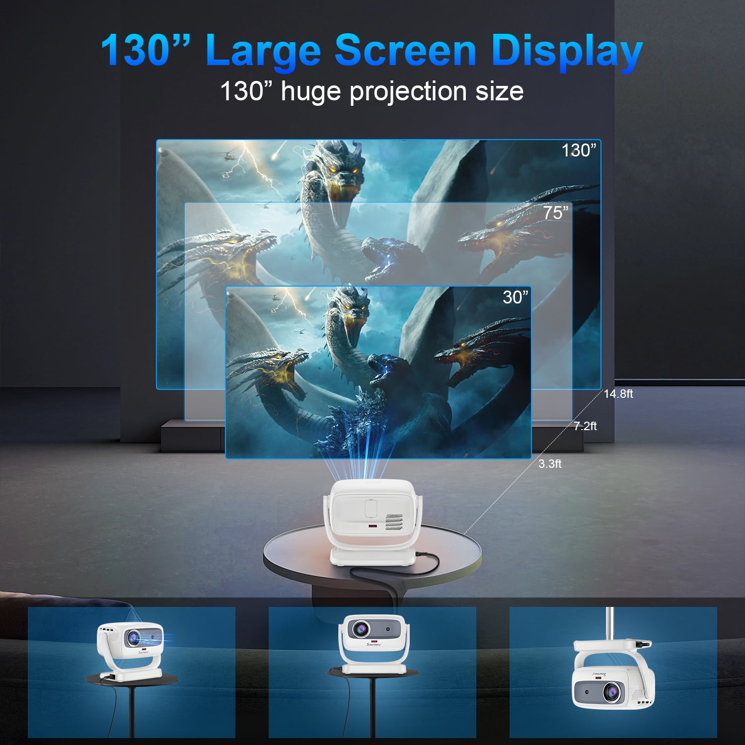 Projector 4K,AILKIN Portable Mini Smart Projector HD Outdoor Movie Home Theater,Auto Focus 2.4G/5G Support Native 1280P 130" Projector with Wifi and Bluetooth Compatible with iOS/Android